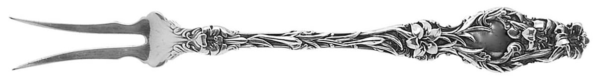 Lily (Sterling, 1902, Lion-Pat. 1902, Monograms) Two-Tine Butter Pick by Whiting Manf Co-1