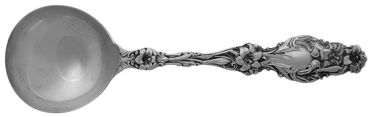 Lily (Sterling, 1902, Lion-Pat. 1902, Monograms) Round Bowl Soup Spoon (Bouillon) by Whiting Manf Co-1