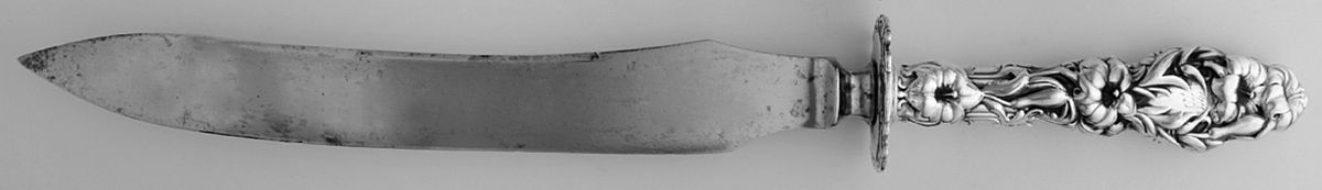 Lily (Sterling, 1902, Lion-Pat.1902) Large Thick Handle Carving Knife W/Stainless Blade by Whiting Manf Co-1
