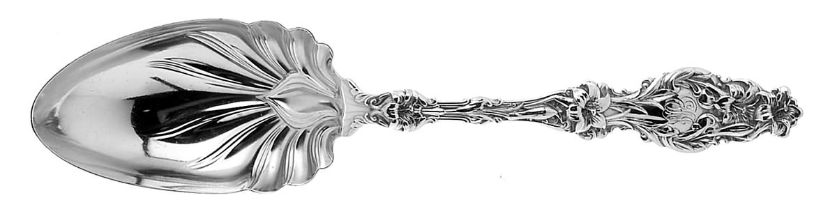 Lily (Sterling, 1902, Lion-Pat. 1902, Monograms) Solid Salad Serving Spoon by Whiting Manf Co-1
