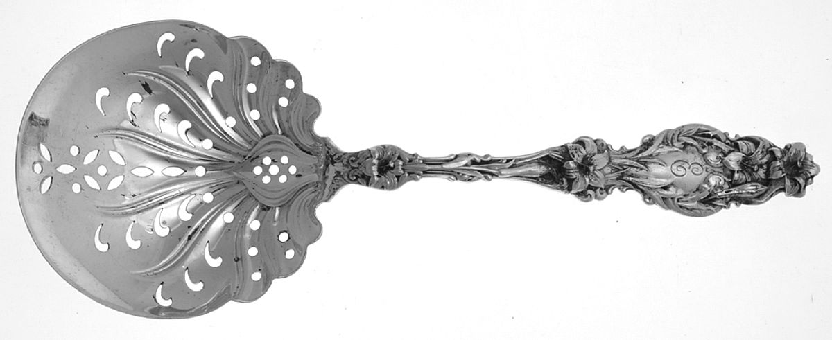 Lily (Sterling, 1902, Lion-Pat. 1902, Monograms) Large Pierced Pea Serving Spoon by Whiting Manf Co-1