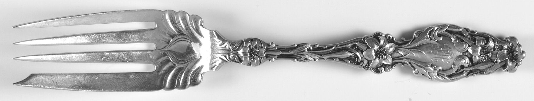 Lily (Sterling, 1902, Lion-Pat. 1902, Monograms) Small Solid Cold Meat Serving Fork by Whiting Manf Co-1