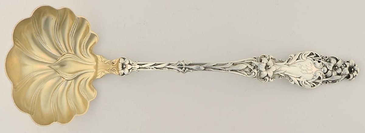 Lily (Sterling, 1902, Lion-Pat. 1902, Monograms) Solid Soup Ladle by Whiting Manf Co-1