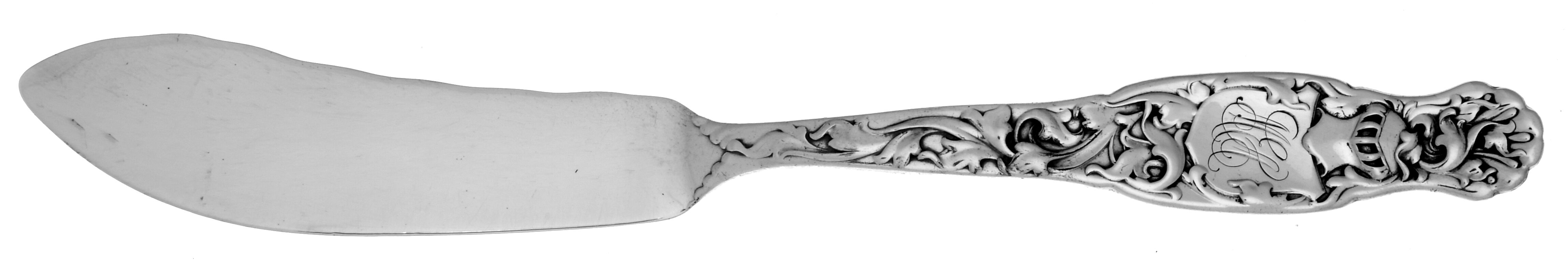 Heraldic (Sterling, 1880, Monograms) Small Individual Solid Fish Knife by Whiting Manf Co-1