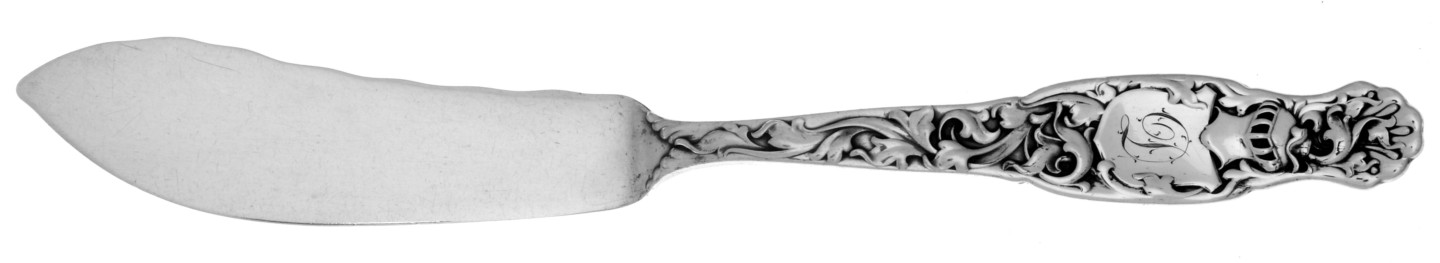 Heraldic (Sterling, 1880, Monograms) Small Individual Solid Fish Knife by Whiting Manf Co-1