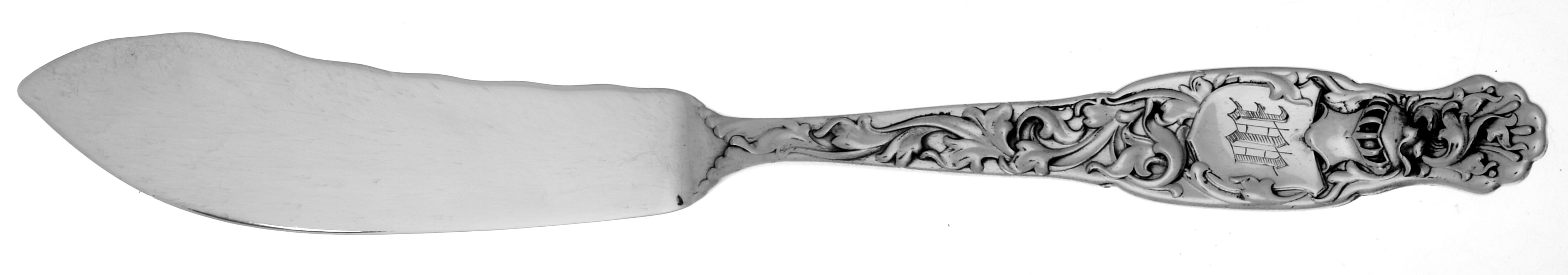 Heraldic (Sterling, 1880, Monograms) Small Individual Solid Fish Knife by Whiting Manf Co-1