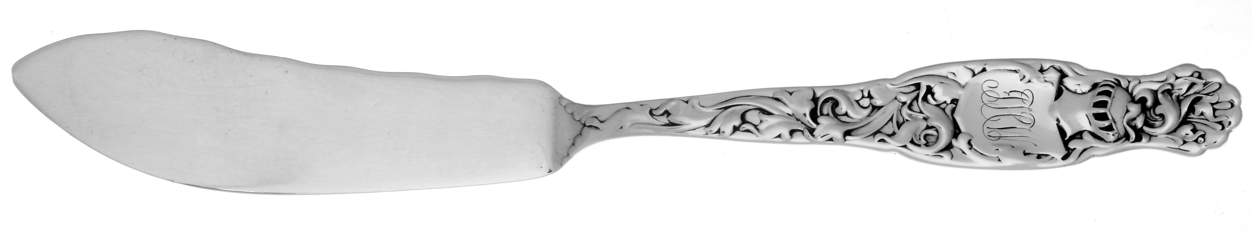 Heraldic (Sterling, 1880, Monograms) Small Individual Solid Fish Knife by Whiting Manf Co-1