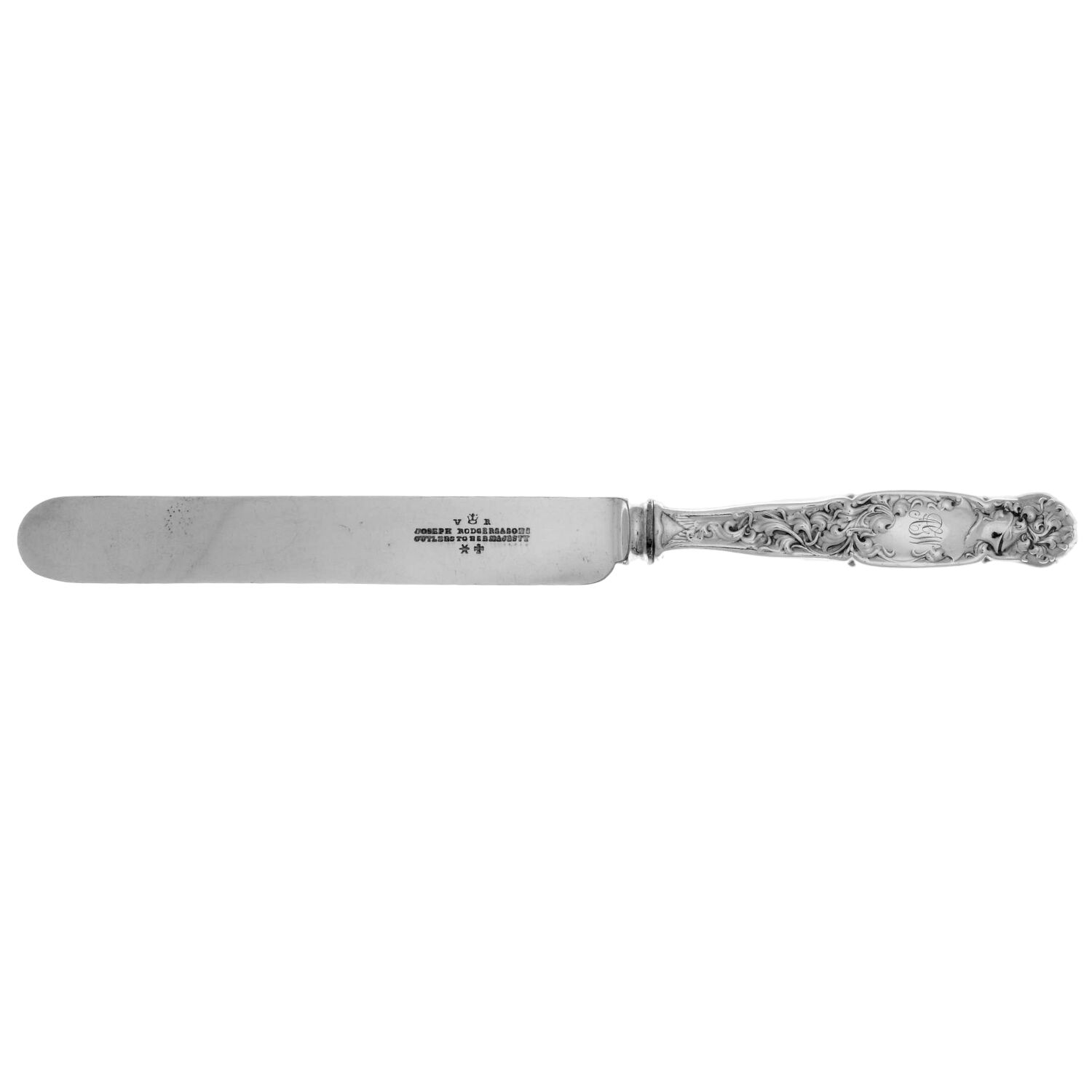 Heraldic (Sterling, 1880, Monograms) Blunt Hollow Table Knife with Bolster by Whiting Manf Co-1