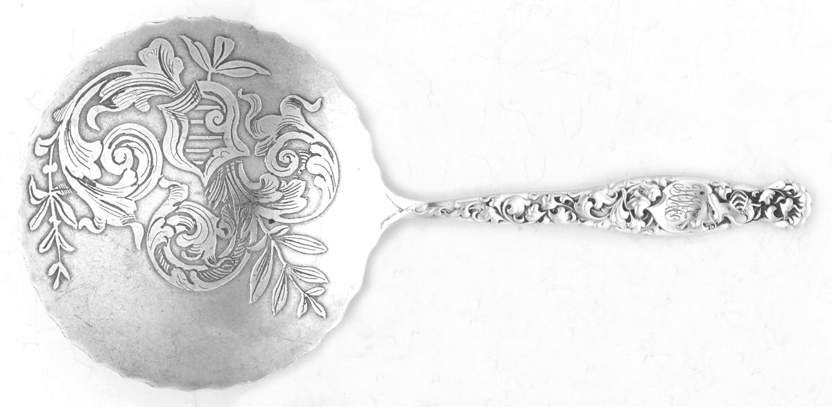 Heraldic (Sterling, 1880, Monograms) Solid Bon Bon Spoon with Design Bowl by Whiting Manf Co-1