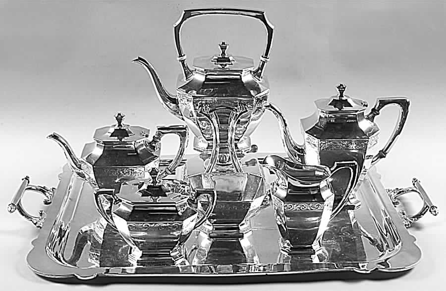 Somerset-Engraved (Sterling, Hollowware) 6 Piece Sterling Tea Set (Kettle & Plated Cmp Try) by Wallace Silver-1