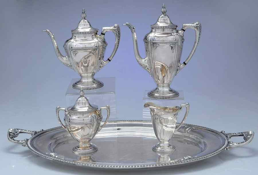 Stradivari (Silverplate, Hollowware) 5-Piece Silverplate Tea Set (with Tray) by Wallace Silver-1