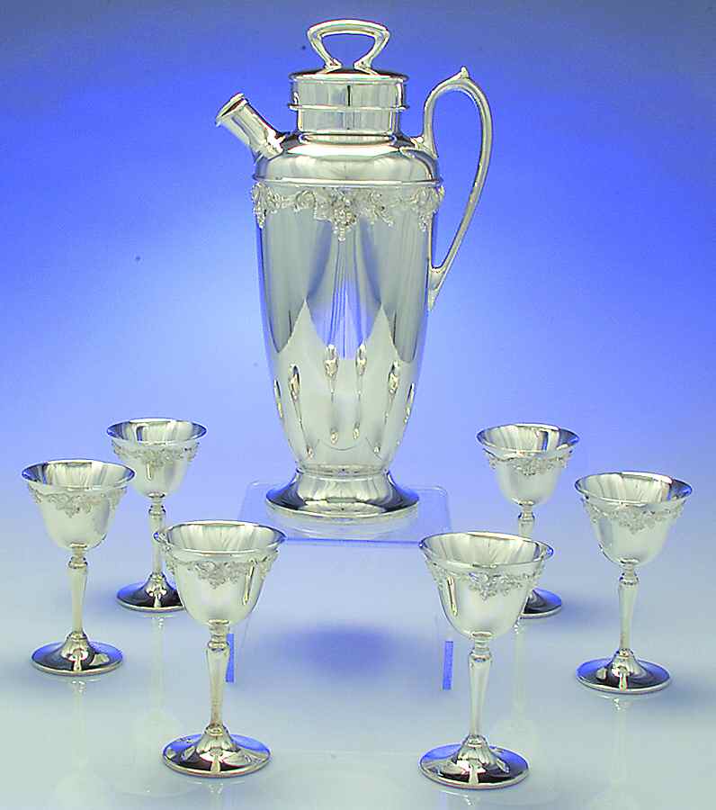 Grape (Silverplate, Hollowware) Plated Cocktail Set (Shaker & 6 Liquor Cocktail) by Wallace Silver-1