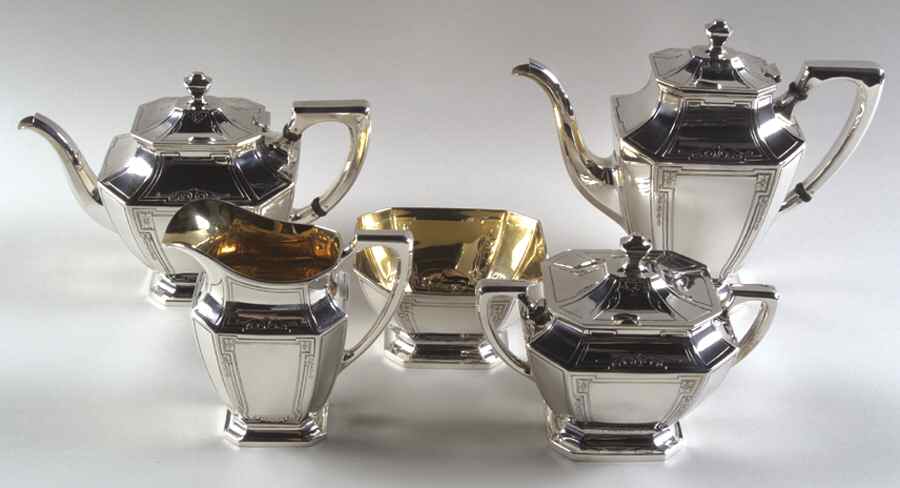 Dauphine (Sterling, Hollowware) 5 Piece Tea Set (SCP, STP, SCR, SSU, SWB) by Wallace Silver-1