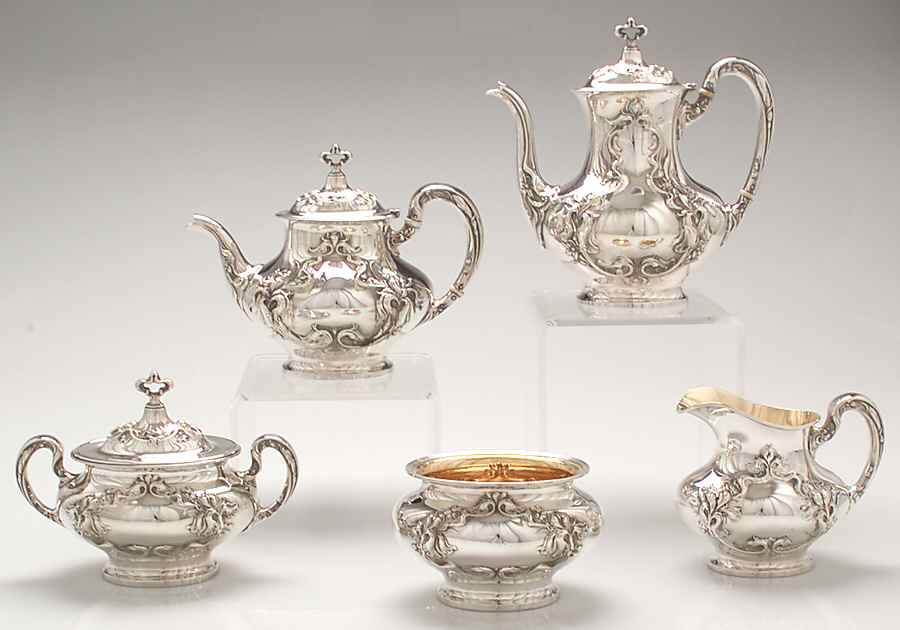Eton (Sterling, Hollowware) 5 Piece Tea Set (SCP, STP, SCR, SSU, SWB) by Wallace Silver-1