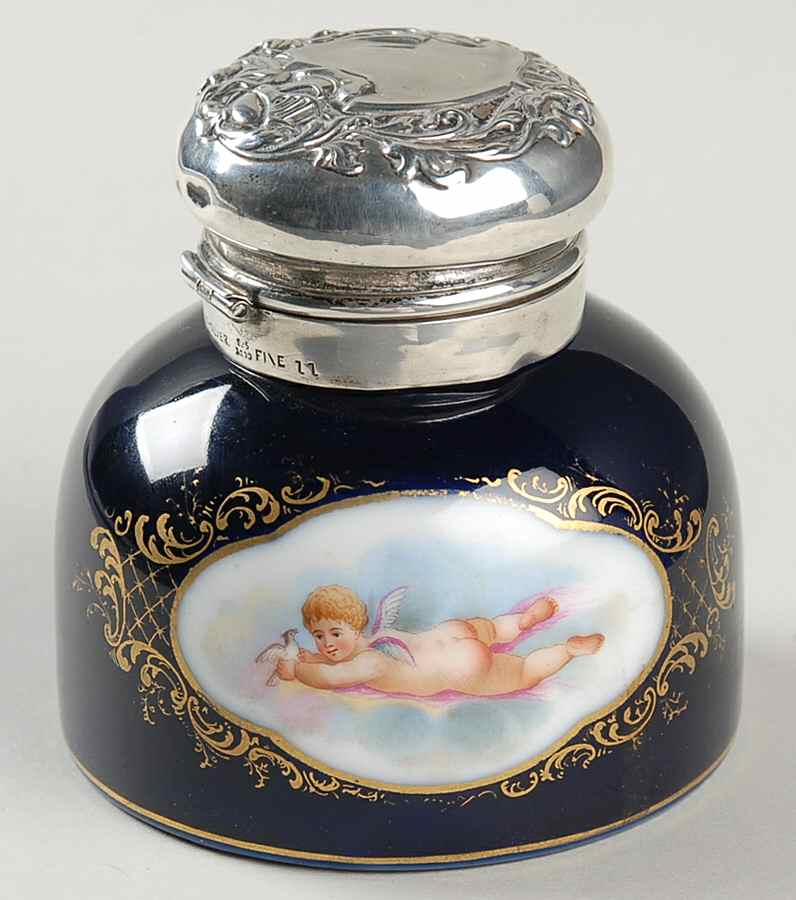 Heraldic (Sterling, Hollowware) Inkwell-Porcelain Bowl with Sterling Lid by Whiting Manf Co-1