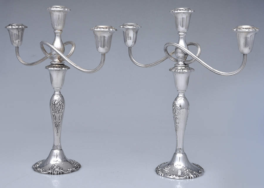 Baroque (Silverplate, Hollowware, Newer) Pair of 13" 3 Light Candelabra by Wallace Silver-1