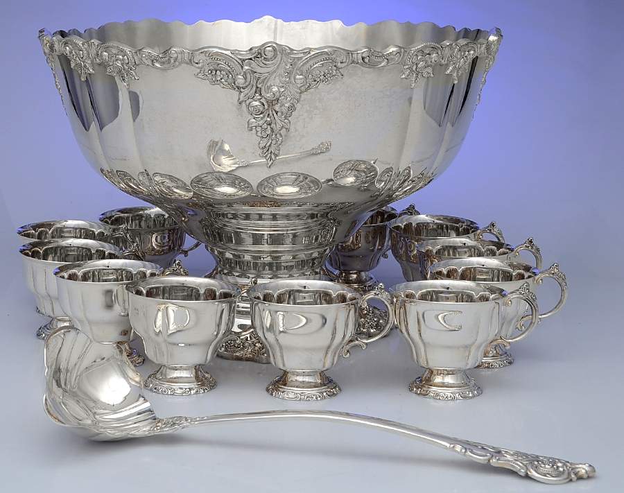 Baroque (Silverplate, Hollowware, Newer) Punch Set-Bowl,Ladle&12 Cups by Wallace Silver-1