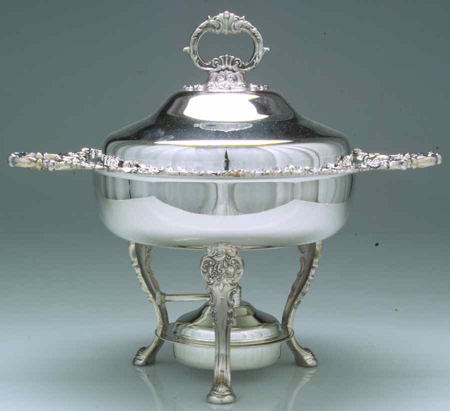 Baroque (Silverplate, Hollowware, Older) Chafing Dish W/Lid, Burner & Stand by Wallace Silver-1