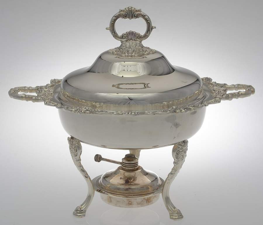 Baroque (Silverplate, Hollowware, Newer) Chafing Dish W/Lid, Burner & Stand by Wallace Silver-1