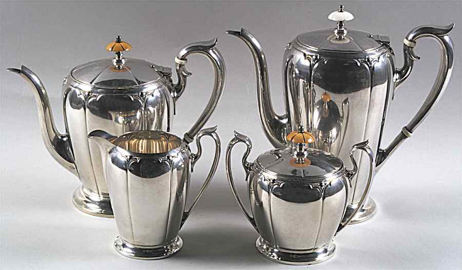 Lotus (Sterling, Hollowware, Round Base) 4 Piece Tea Set (SCP, STP, SCR, SSU) by Watson-1