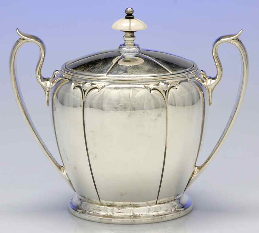 Lotus (Sterling, Hollowware, Round Base) Sugar Bowl & Lid by Watson-1