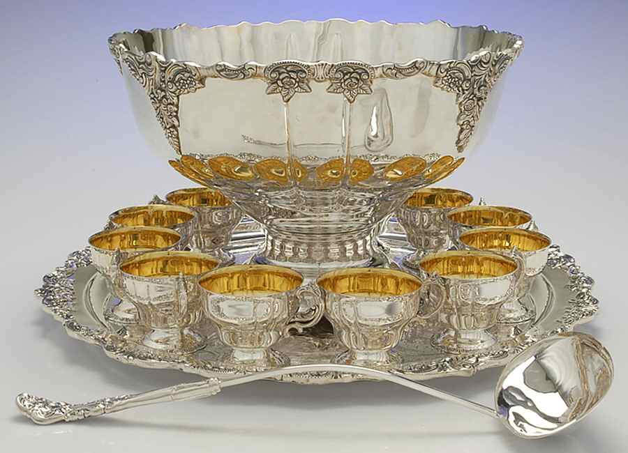 Grande Baroque (Sterling, Hollowware, 4 marks) Sterling Punch Set (Bowl,Tray,Ladle&12cups) by Wallace Silver-1