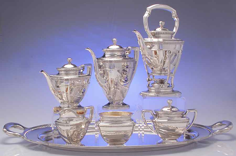 9761 (Sterling, Hollowware) 7 Piece Tea Set (SCP, STP, SCR, SSU, SWB, SKES & WTL) by Whiting Manf Co-1