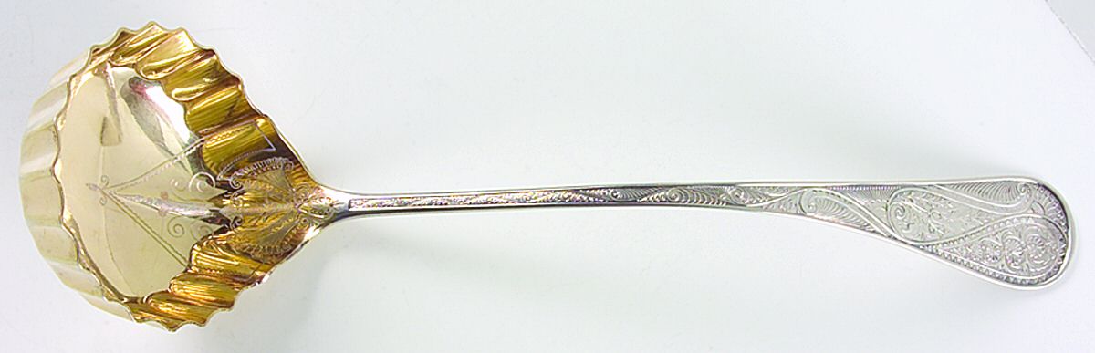 Cashmere (Sterling, 1878) Large Soup Ladle, Bright Cut Solid Piece by Wood & Hughes-1