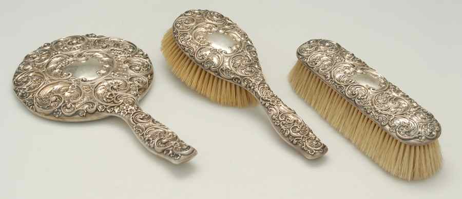 5702 (Sterling, Hollowware) 3-Piece Vanity (Cloth Brsh, Hair Brsh & Miror) by Whiting Manf Co-1