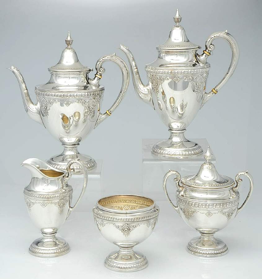Sir Christopher (Sterling, Hollowware, #4050) 5 Piece Tea Set (SCP, STP, SCR, SSU, SWB) by Wallace Silver-1