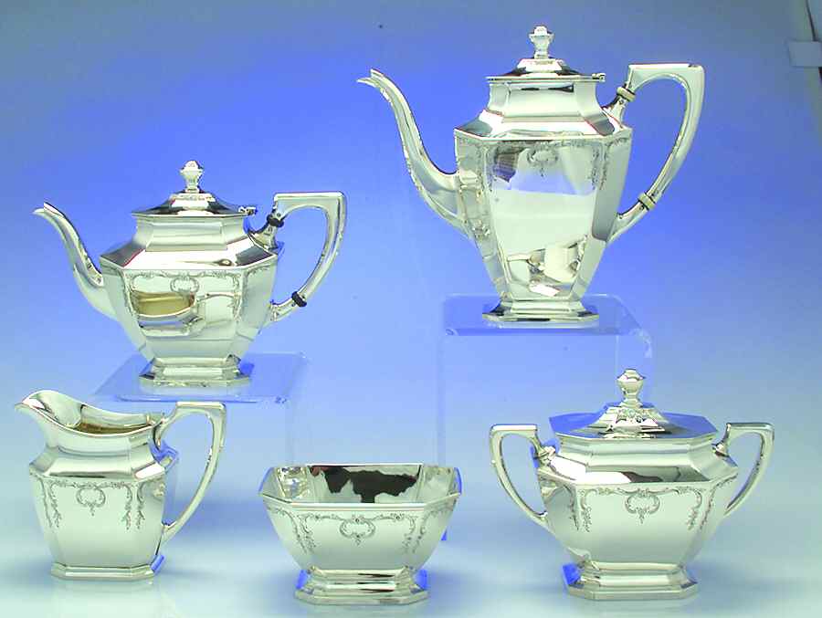 Somerset-Engraved (Sterling, Hollowware) 5 Piece Tea Set (SCP, STP, SCR, SSU, SWB) by Wallace Silver-1