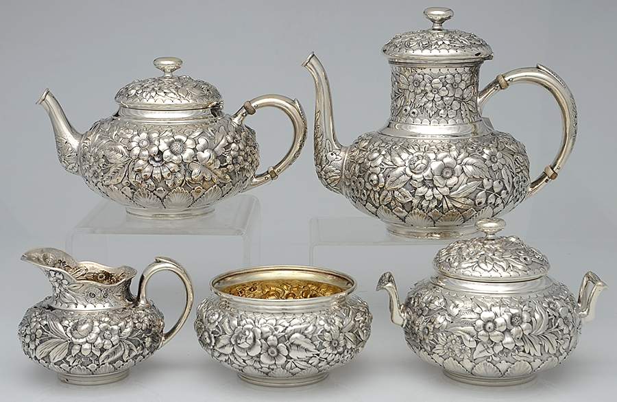 412R (Sterling, Hollowware) 5 Piece Tea Set (SCP1, STP1, SCR1, SSU1, SWB1) by Whiting Manf Co-1