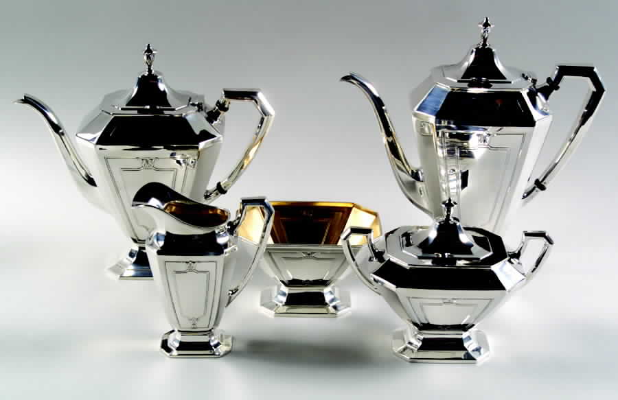 Princess Mary (Sterling, Hollowware) 5 Piece Tea Set (SCP, STP, SCR, SSU, SWB) by Wallace Silver-1