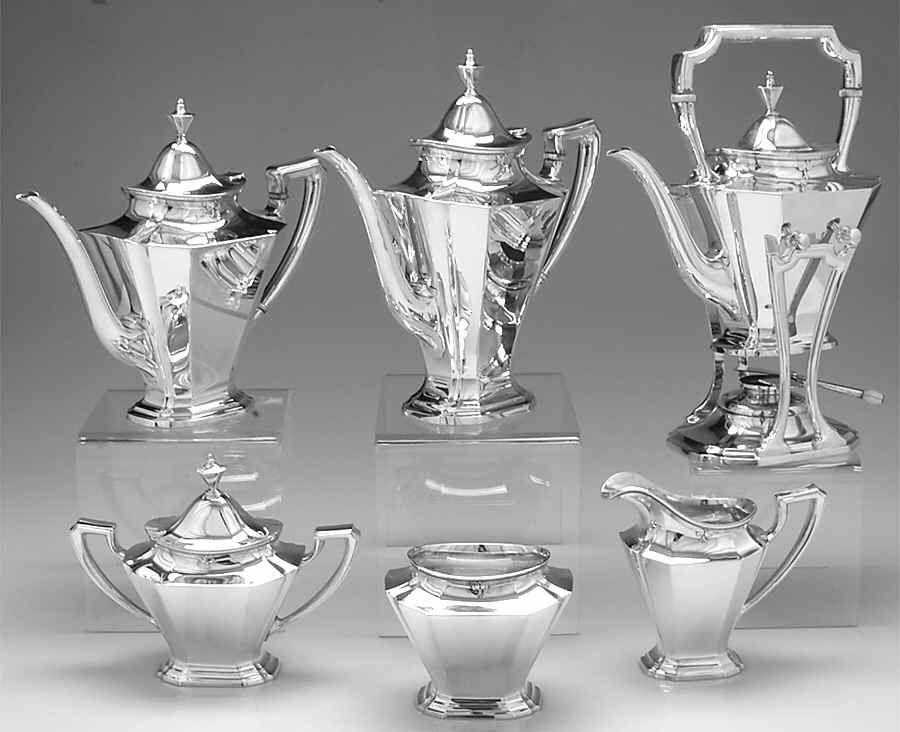 King Albert (Sterling, Hollowware) 6 Piece Tea Set (SCP, STP, SCR, SSU, SWB, SKES) by Whiting Manf Co-1