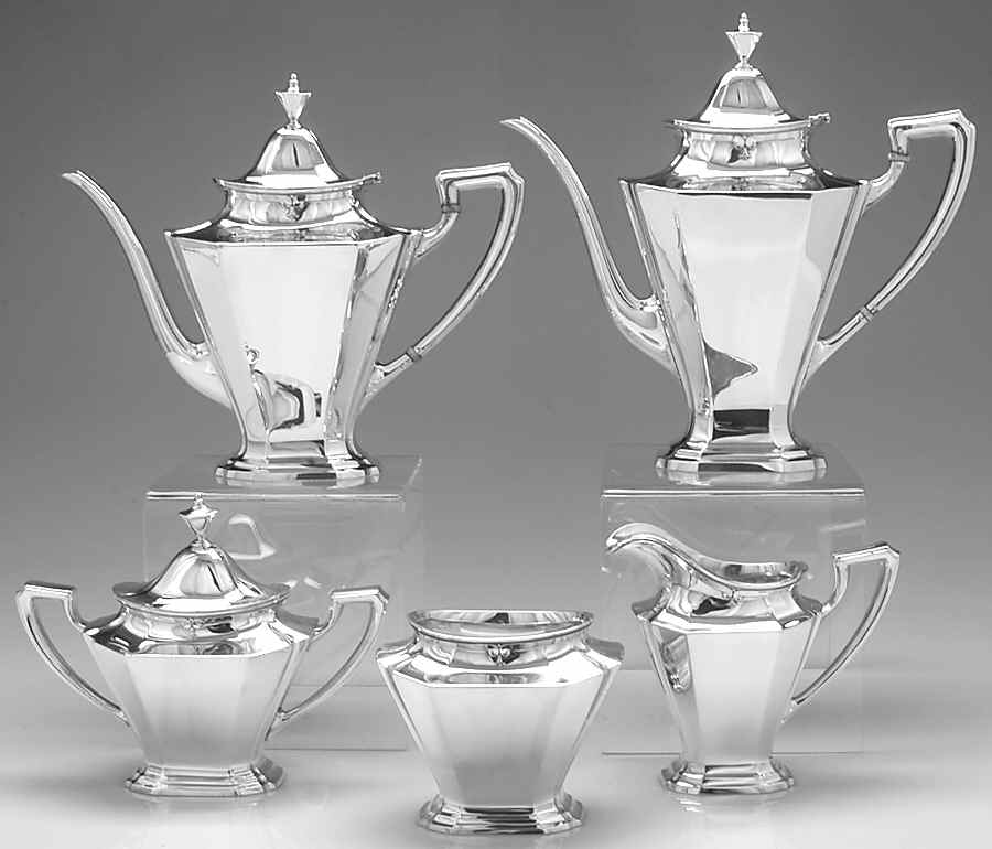 King Albert (Sterling, Hollowware) 5 Piece Tea Set (SCP, STP, SCR, SSU, SWB) by Whiting Manf Co-1