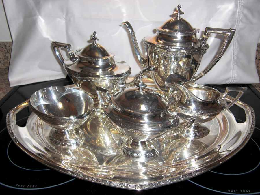 Orange Blossom (Sterling, Hollowware) 6 Piece Tea Set (SCP, STP, SCR, SSU, SWB, WTL) by Wallace Silver-1