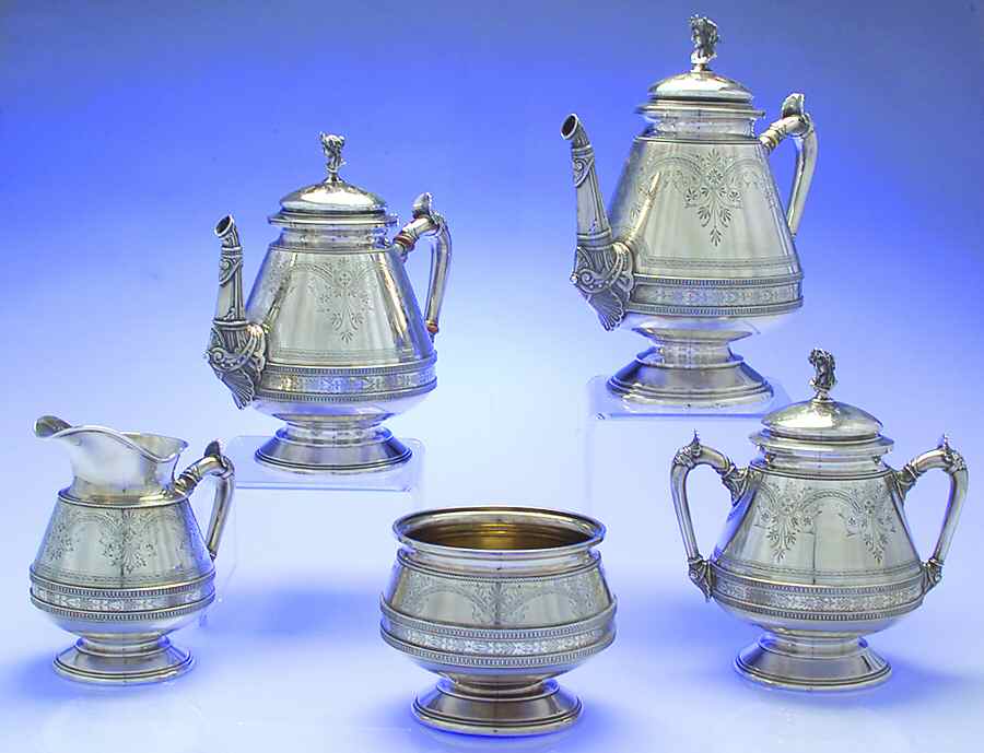 367 (Sterling, Hollowware) 5 Piece Tea Set (SCP, STP, SCR, SSU, SWB) by Whiting Manf Co-1