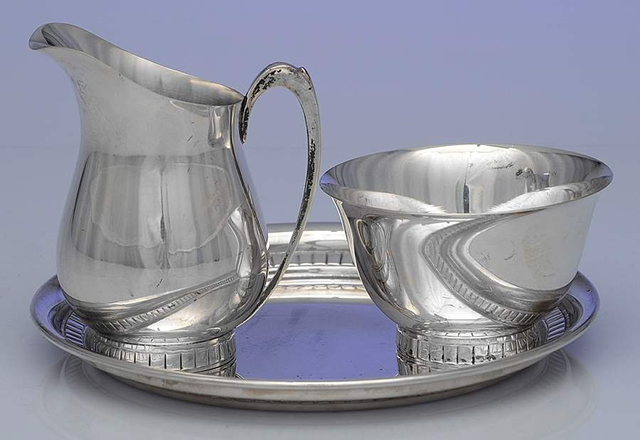 Modernique (Sterling, Hollowware) Mini Creamer, Open Sugar & Tray Set by Wallace Silver-1