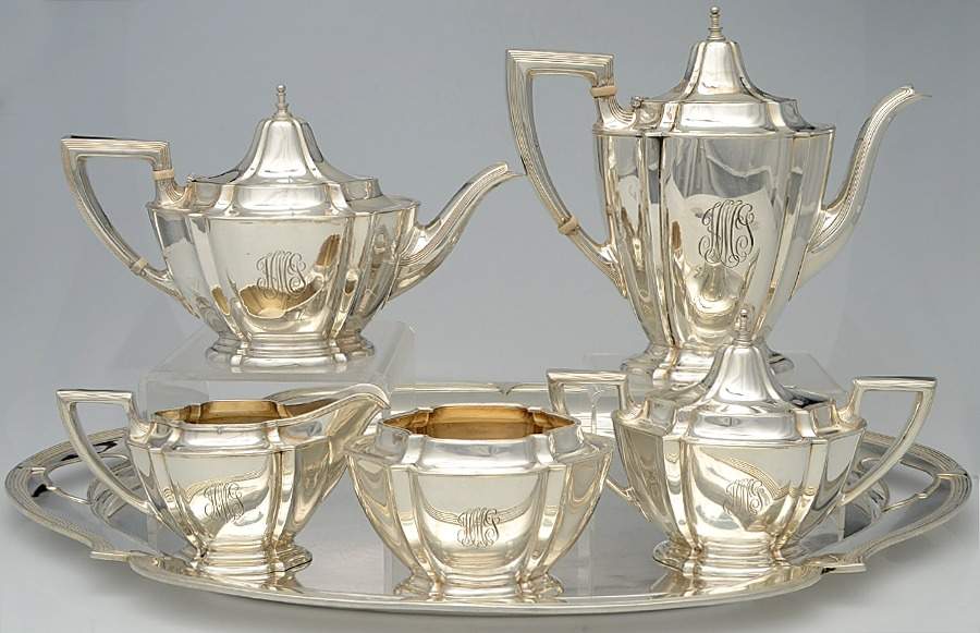 8580 (Sterling, Hollowware) 6 Piece Tea Set (CP1, TP1, CR1, SU1, WB1, WTLM1) by Watson-1