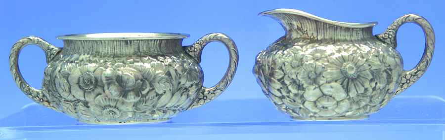 Repousse (Sterling, Hollowware) Mini Sterling Creamer and Open Sugar by Wood & Hughes-1