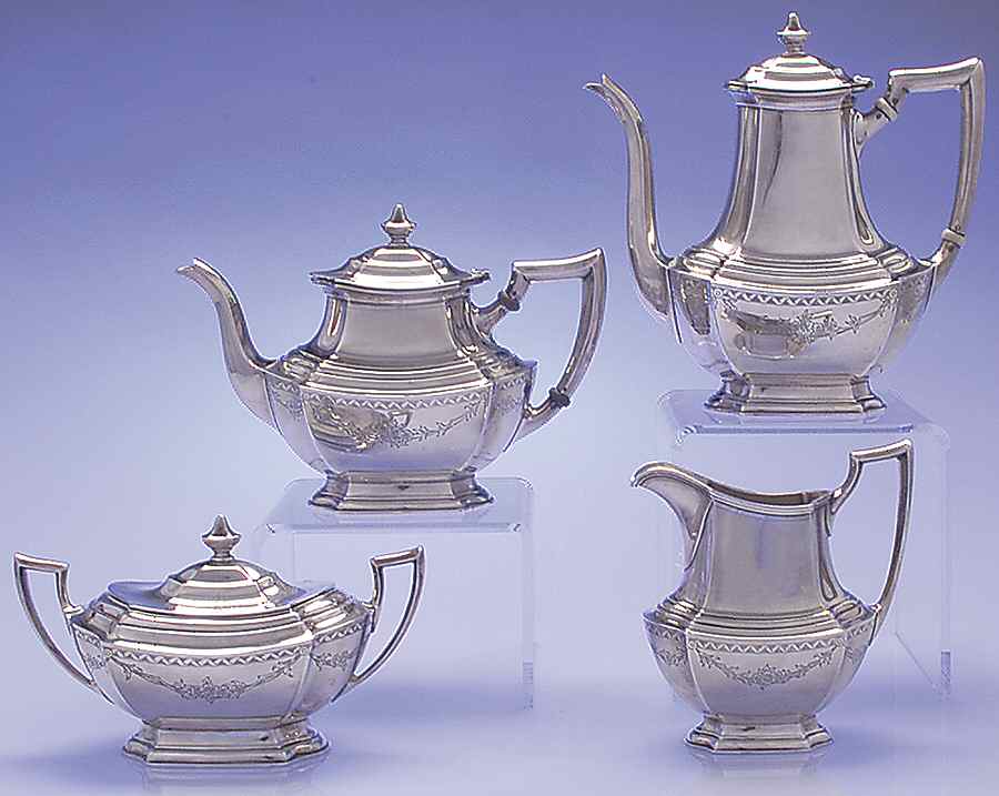 Washington-Engraved (Sterling, Hollowware) 4 Piece Tea Set (SCP, STP, SCR, SSU) by Wallace Silver-1
