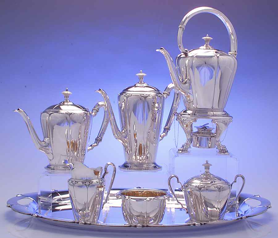 Lotus (Sterling, Hollowware, Scallop Base) 7 Piece Tea Set (SCP, STP, SCR, SSU, SWB, SKES & WTL) by Watson-1