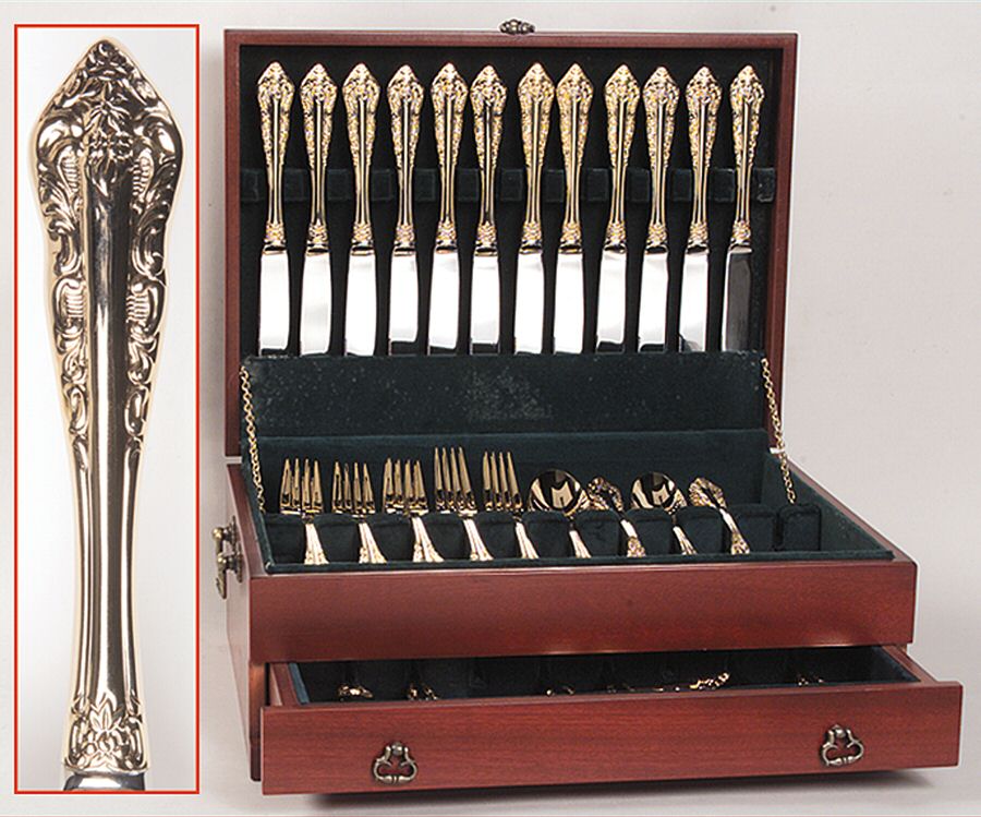 Antique Baroque (Gold Electroplate) 80 Piece Set & Wood Case by Wallace Silver-1