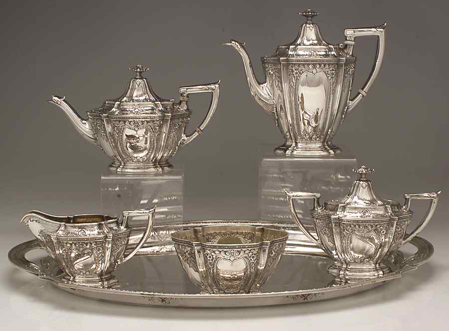 S9584 (Sterling, Hollowware) 6 Piece Tea Set (SCP, STP, SCR, SSU, SWB, WTL) by Watson-1
