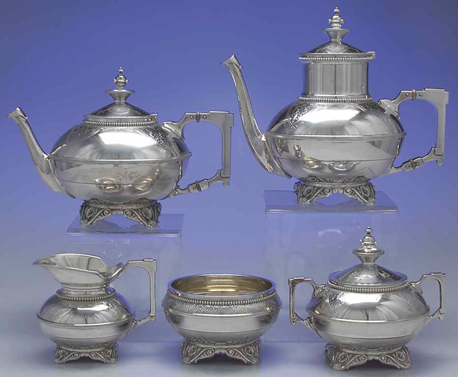 17 (Sterling, Hollowware) 5 Piece Tea Set (SCP, STP, SCR, SSU, SWB) by Wood & Hughes-1