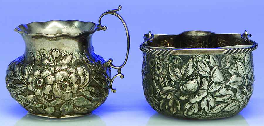 1543M (Sterling, Hollowware) Mini Creamer & Sugar Basket with Handle by Whiting Manf Co-1