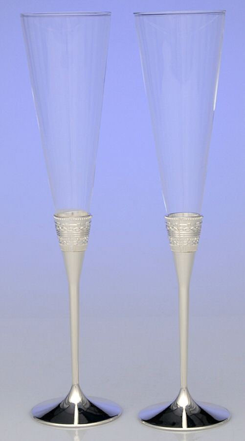 With Love (Metal, Hollowware) Pair of Champagne Flute Glasses by Wedgwood Silver-1