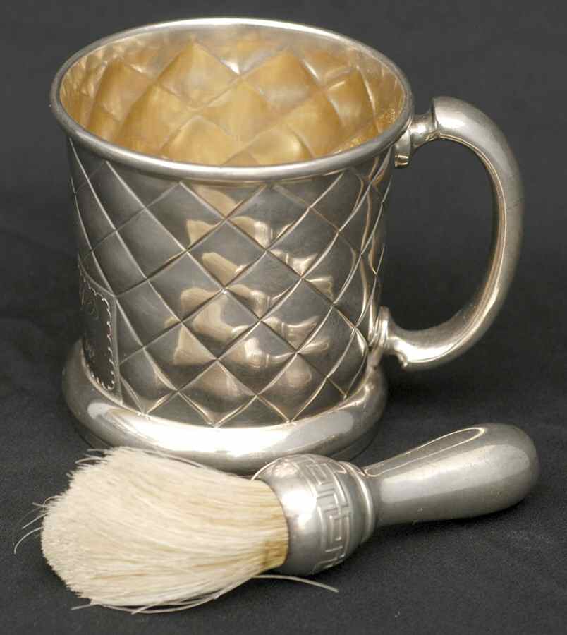 3 (Silverplate, Hollowware) Shaving Mug with Brush by Wilcox Silverplate-1