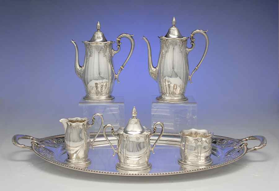 Stradivari (Sterling, Hollowware) 6 Piece Tea Set (SCP, STP, SCR, SSU, SWB, WTL) by Wallace Silver-1