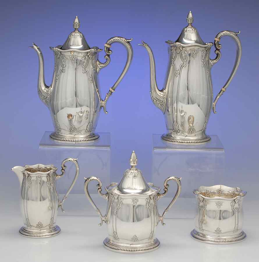 Stradivari (Sterling, Hollowware) 5 Piece Tea Set (SCP, STP, SCR, SSU, SWB) by Wallace Silver-1